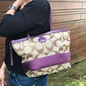 New COACH Plum Khaki Signature Stripe Tote